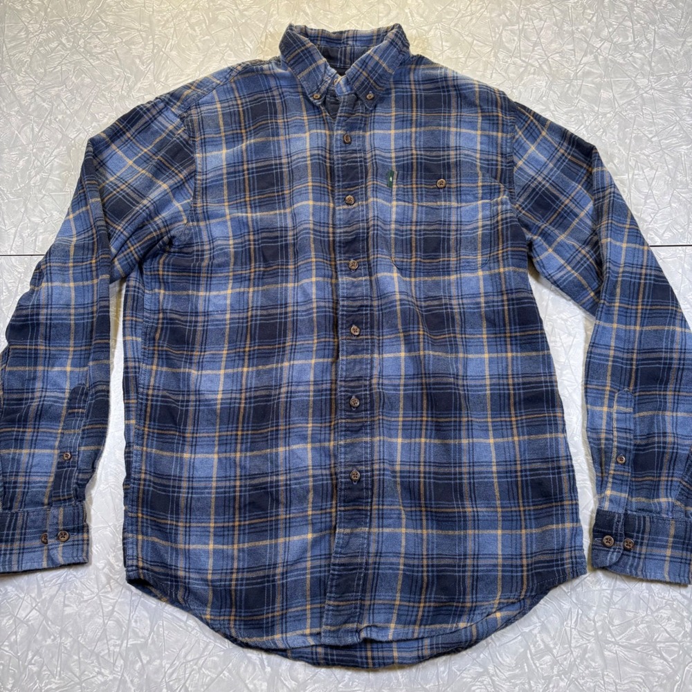 GH Bass Mens Small Blue Tan Plaid Flannel Button Down Shirt 100% Cotton LS